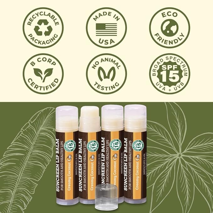 SPF Lip Balm 4-Pack by Earth's Daughter - Lip Sunscreen, SPF 15, Organic Ingredients, Coconut Flavor, Beeswax, Coconut Oil, Vitamin E - Hypoallergenic, Paraben Free, Gluten Free, New-Velvo Beauty