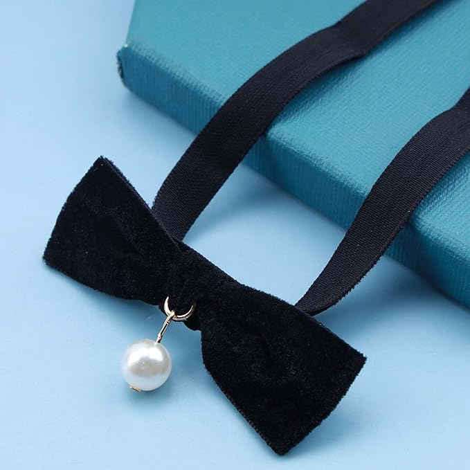 Vintage Satin Choker Necklace Pearl Pendant Necklace Black Bow Necklace Punk Leather Collar Necklace Chain Jewelry for Women and Girls-Velvo Beauty