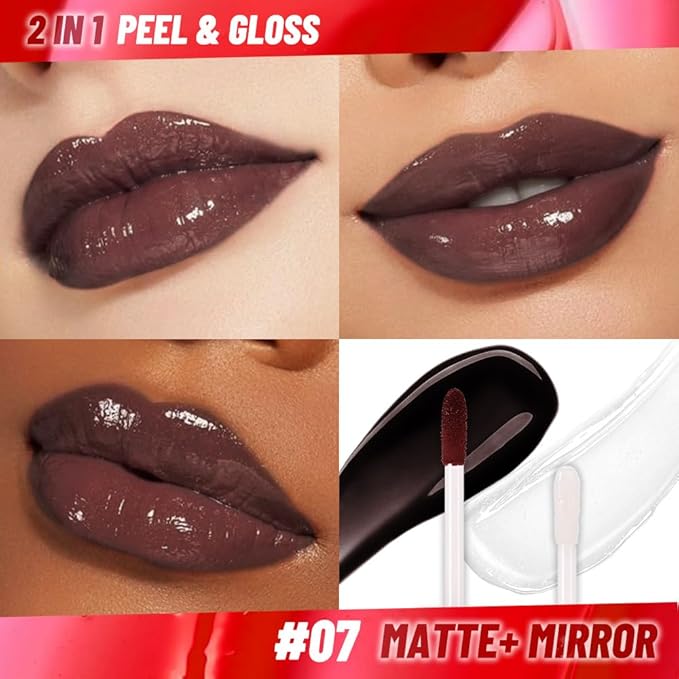 Maroon Lip Stain Peel Off Lip Gloss oil Dual-Ended Combo, Lips Liner Stain Peel Off Tattoo, Long Lasting & Waterproof, Transfer-Proof Lip Tint Stain with Lip oil for All Skin Type 07#-Velvo Beauty