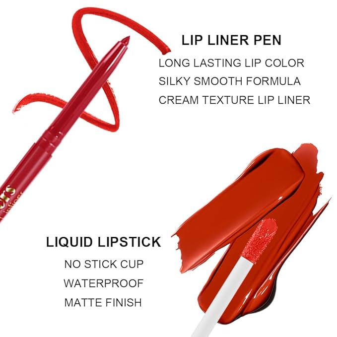 6 Colors Liquid Lipstick + Lip Liner Pen Makeup Set, Super Stay Matte Finish Lip Stain and Define Lip Liner Pencil Gift Set for Women, Longwear, Waterproof, 1PC Lip Glow Oil Include-Velvo Beauty