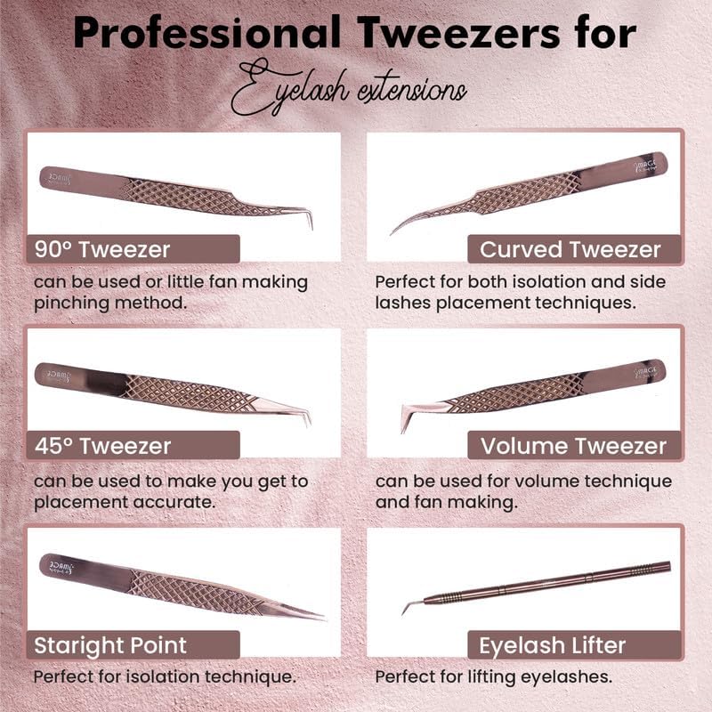 5 Pcs Fiber-Tip Japanese Steel Lash Tweezer Set with Leather Case, Professional Eyelash Tweezers for Lash Extensions – Titanium Coated, 90 & 45 Angled, Precision Pointed Tweezers (METALIC-ROSE)-Velvo Beauty