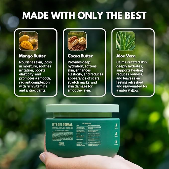 PRIMALS All Natural Body Lotion - Cocoa Butter & Mango Butter - 100% Naturally Derived Ingredients - Alcohol Free, Artificial Fragrance Free, Paraben Free, Petroleum Derivative Free - 8.45 oz-Velvo Beauty