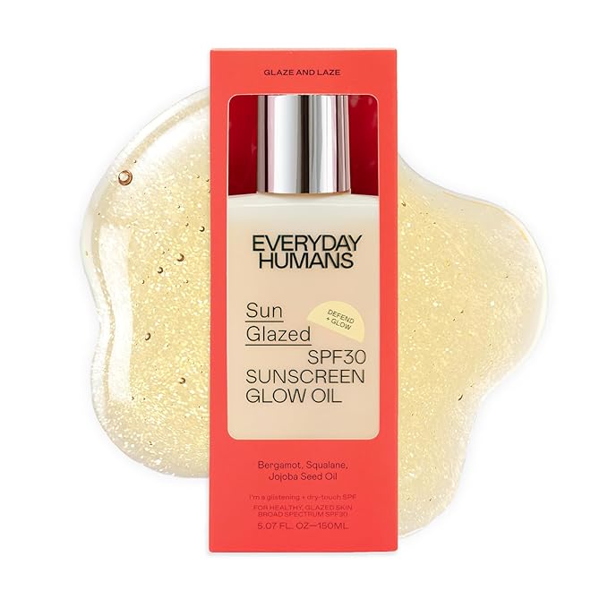 Everyday Humans Sun Glazed SPF30 Sheer Body Glow Oil with Gold Mica | Hydrating Non-Sticky Glowing UV Protection Cruelty Free 5.1 Fl Oz | Bergamot, Squalane, Jojoba Seed Oil | UVA/UVB Broad Spectrum-Velvo Beauty