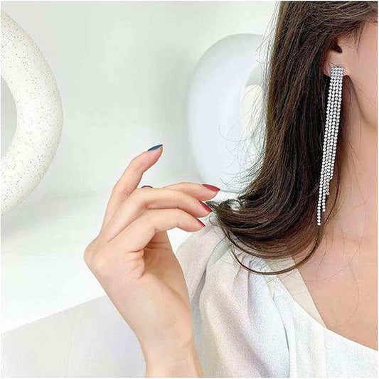 Boho Rhinestone Tassel Earrings Long Fringe Drop Dangle Earrings Silver Crystal Chain Tassel Earrings Vintage Chandelier Chain Studs Earrings Luxury Statement Earrings Jewelry for Women and Girls Gifts-Velvo Beauty