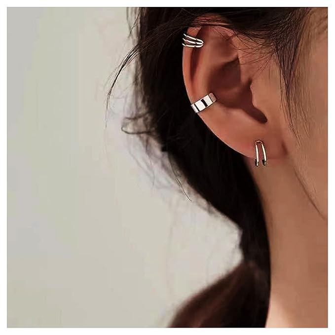 Boho Cartilage Ring Earrings Double Lines Ear Cuffs Set Minimalist Fake Helix Earcuff Earrings Simple No Piercing Earrings Jewelry for Women and Girls-Velvo Beauty