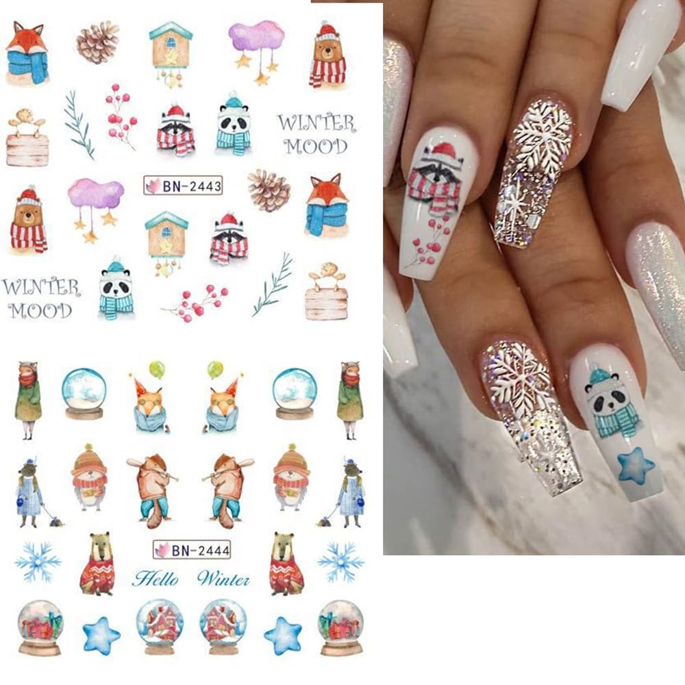Snowflake Nail Art Stickers Decals Christmas Decorations - 12 Sheets Winter Snowman Elk Penguin Bear Design Water Transfer Slider Foils Supplies for Women DIY Acrylic-Velvo Beauty
