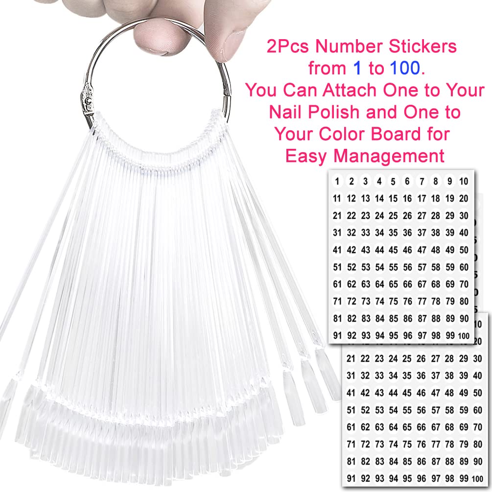 JASSINS 100 Pcs Clear Fan-shaped False Nail Swatch Sticks Nail Polish Practice Display Art Tips Nail Sample Sticks With Metal Split Ring-Velvo Beauty