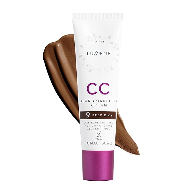 Lumene Color Correcting CC Cream - Lightweight Foundation - Medium Coverage - Redness Reducing Face Makeup for Glowing Complexion - Vegan Formula + Suitable for All Skin Types - Deep Rich (1 fl oz)-Velvo Beauty