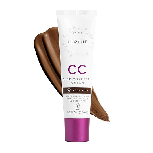 Lumene Color Correcting CC Cream - Lightweight Foundation - Medium Coverage - Redness Reducing Face Makeup for Glowing Complexion - Vegan Formula + Suitable for All Skin Types - Deep Rich (1 fl oz)-Velvo Beauty