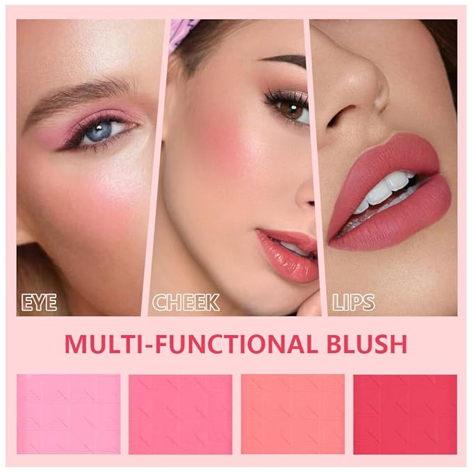 Quads Blush Makeup Palette, Matte Pressed Powder Blushes Palette, Lip & Face Paint Palette for Women, Lasting Light Pink & Hot Pink Peach and Deep Red, Platillo de rubores de cuatro colores-Velvo Beauty