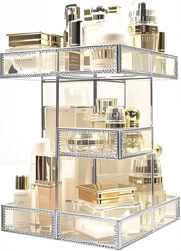 Hersoo 360 Degree Rotation Cosmetic Organizer -Premium Makeup Storage with Spin Base,Antique Countertop Cosmetic Storage,Large Capacity,Beauty Display for Countertop,Vanity or Bathroom (silver)-Velvo Beauty