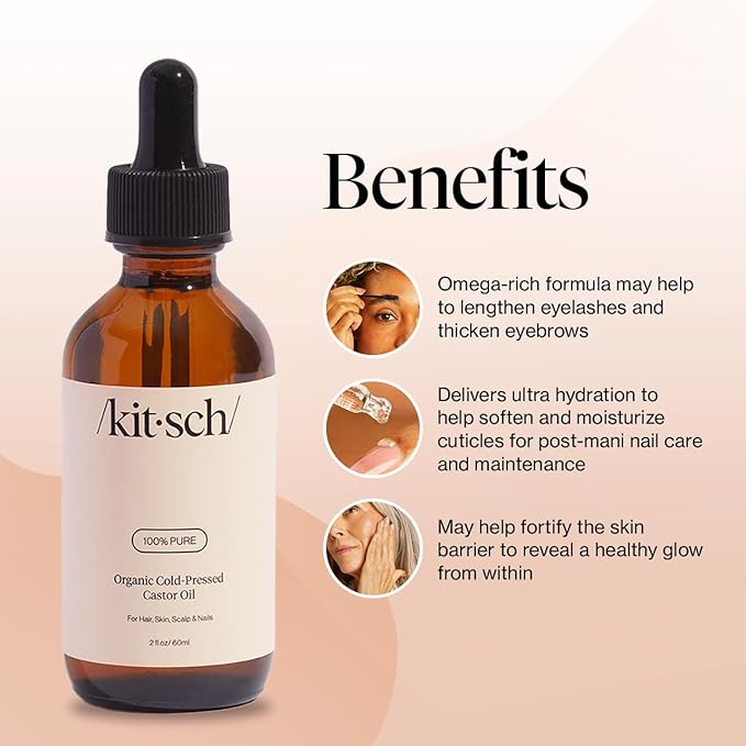 Kitsch Organic Castor Oil for Hair Growth - 100% Pure Castor Oil, Organic Cold Pressed Unrefined Glass Bottle for Face, Skin, Lashes, Brows, Scalp, Nails & Belly Button - Hexane Free, USDA - 2 oz-Velvo Beauty