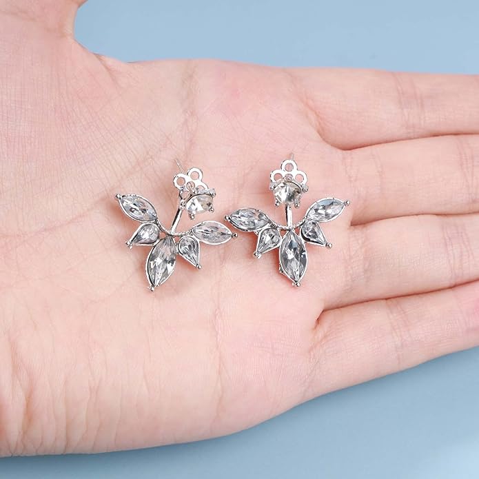 Boho Crystal Lotus Jackets Earrings Gold Crystal Studs Earrings Sparkle Rhinestone Ear Jackets Earrings CZ Ear Climber Earrings Wedding Earrings Jewelry for Women and Girls-Velvo Beauty