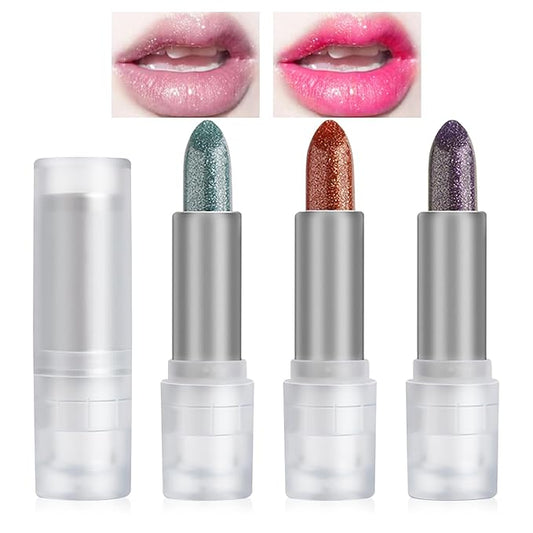DAGEDA 3PCS Glitter Lipstick, Moisturizing Glossy Color Changing Lip Balm, Long Lasting Shimmer Lipstick, Nonstick Color Change Lipstick, Waterproof Glitter Lip Balm for Festival-Velvo Beauty