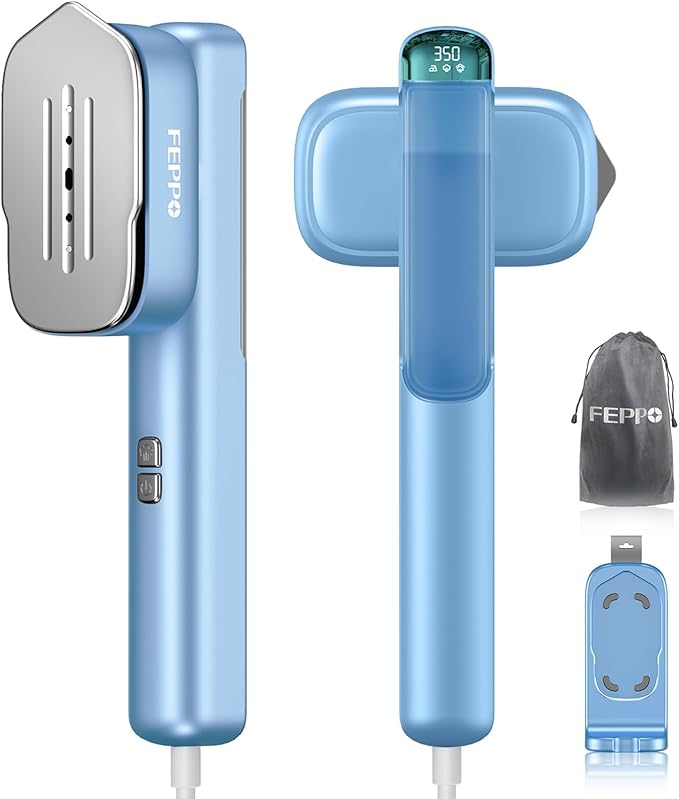 FEPPO Travel Steamer for Clothes, 110-240V Dual Voltage Portable Mini Steamer & Iron 2in1, 1100W Powerful Garment Steamer, Fast Heat Up, Travel Size, HD Display, for Home & Global & Europe Travel-Velvo Beauty