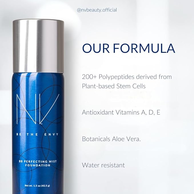 NV BB Perfecting Mist Foundation Buildable Coverage Professional Airbrush Makeup with Plant-based Stem Cell Polypeptides, Vitamins A, D, E and Aloe, 1.5 ounces, Warm Sand-Velvo Beauty