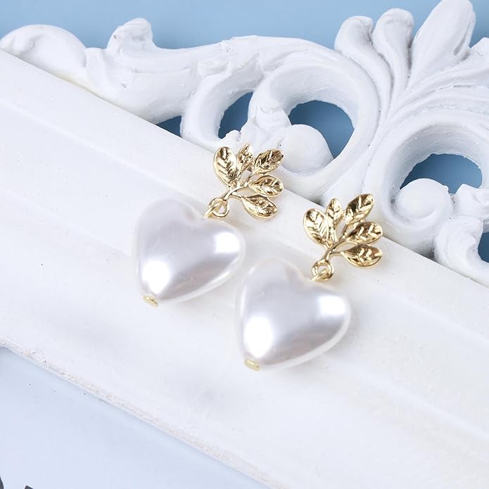 Vintage Pearl Heart Dangle Earrings Heart Pearl Drop Earrings Gold Leaf Stud Earrings Heart Love Earrings Jewelry for Women-Velvo Beauty
