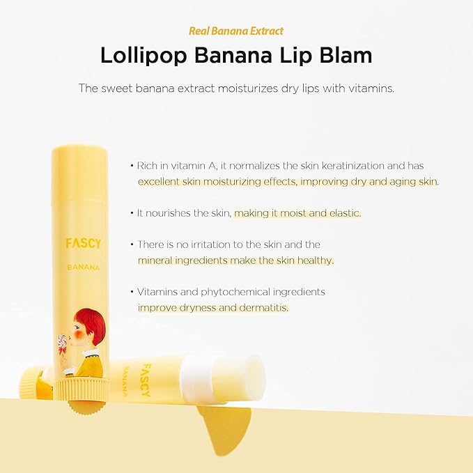 FASCY Lollipop Lip Balm Banana, Lip Balms & Moisturizers, Korean Lip Balm, Korean Lip, Korean Lip Products, Paraben Free, Moisturizing, 0.13 Oz, (Banana)-Velvo Beauty