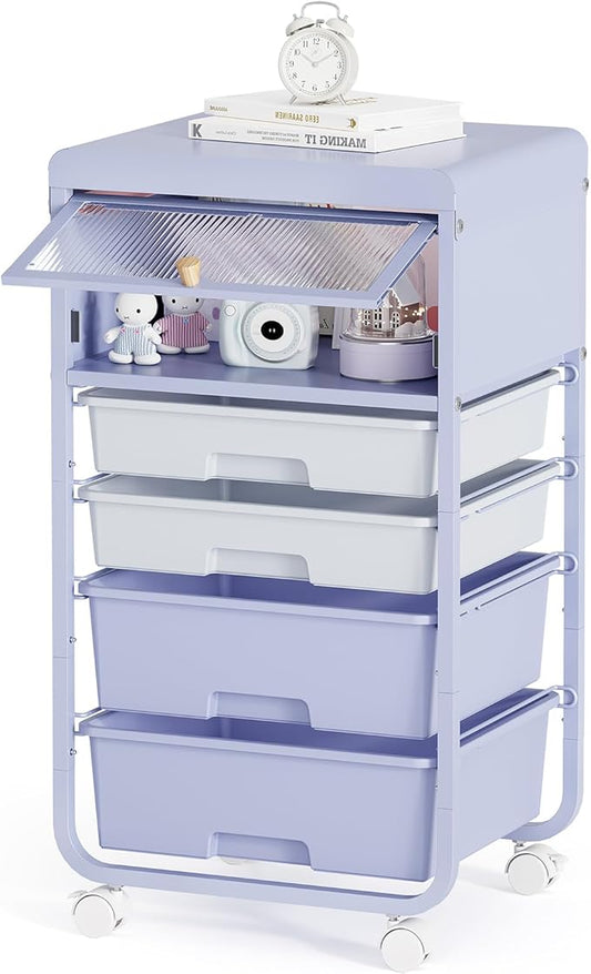 Utility-Rolling-Storage-Drawer-Craft-Cart-Organizers with 4 Drawers & Dust-Proof Door for Kid Craft Art Room,Bedroom,Home Office, Lavender Purple-Velvo Beauty