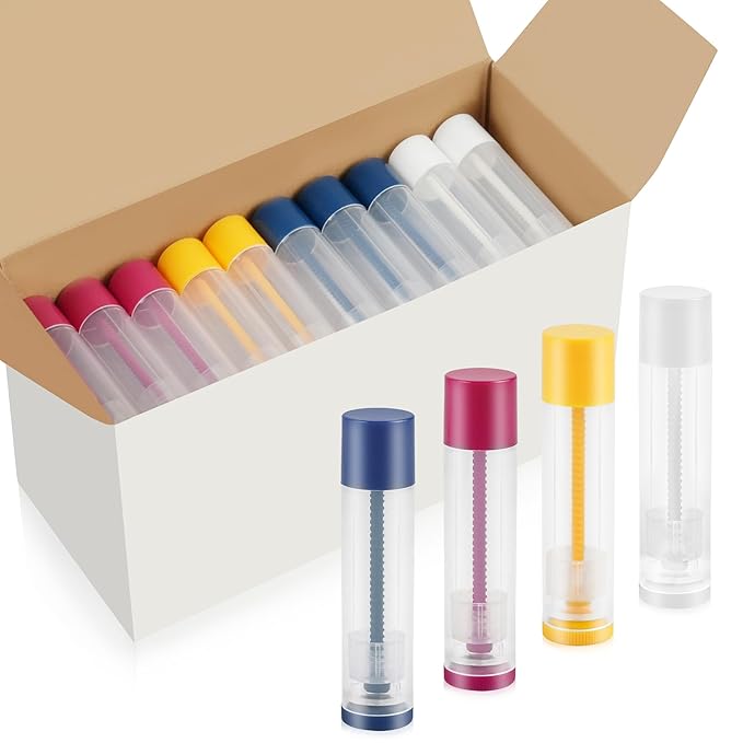 LotFancy Lip Balm Tubes, 60 Empty, 5.5ml, Clear Plastic Containers with 4 Color Caps, BPA Free, Leak Free, Refillable (Yellow White Blue Red)-Velvo Beauty