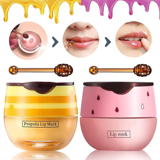 Bee Lip Balm Honey Pot, 2 PCS Strawberry & Honey Lip Masks Hydrating Prevention Dry and Cracked Lip Scrubs Exfoliator,Lip Sleep Mask Reduces Lip Lines,Lip Exfoliating BeeLip Balm Sleeping Lip Mask-Velvo Beauty
