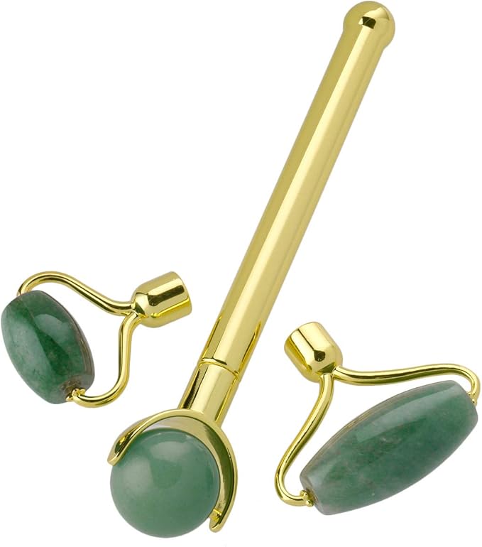 mookaitedecor Jade Roller Green Aventurine 3 in 1 Set Removable Replacement Rollers, Anti-Aging Massager Tool for Face and Neck-Velvo Beauty