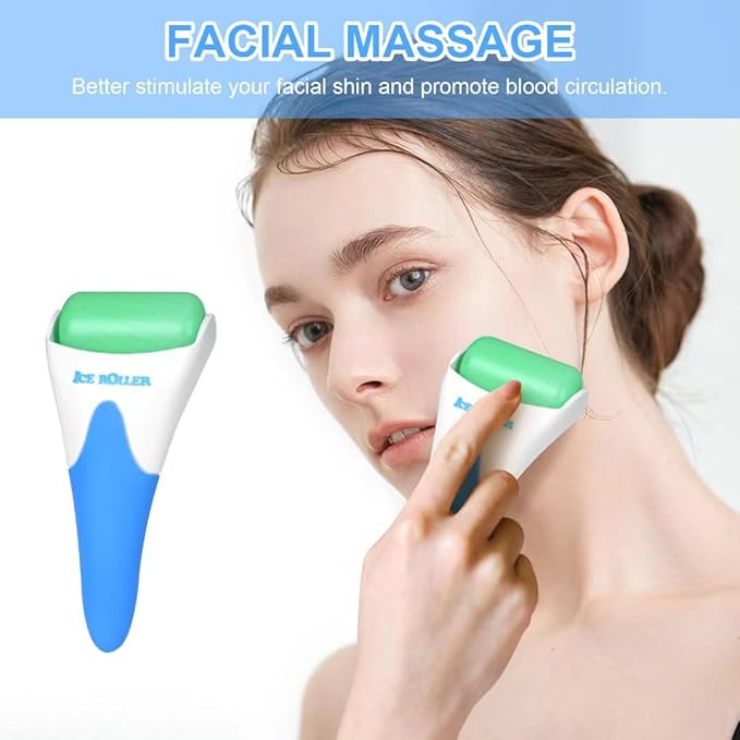 ONLYSKY BEAUTY Ice Roller Face Cooling Cold Roller for Body Eyes Face Skin Care Tools, Roller Cooling Roller for Women & Men（Blue Handle+Green Roller-Velvo Beauty
