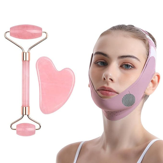 Gua Sha Facial Tools - Jade Roller for Face Beauty Gift Sets Reduces Puffiness, Sleep Mask, Face Lifting Double Chin Strap, Skin Care Massage Self Care Gift for Women-Velvo Beauty