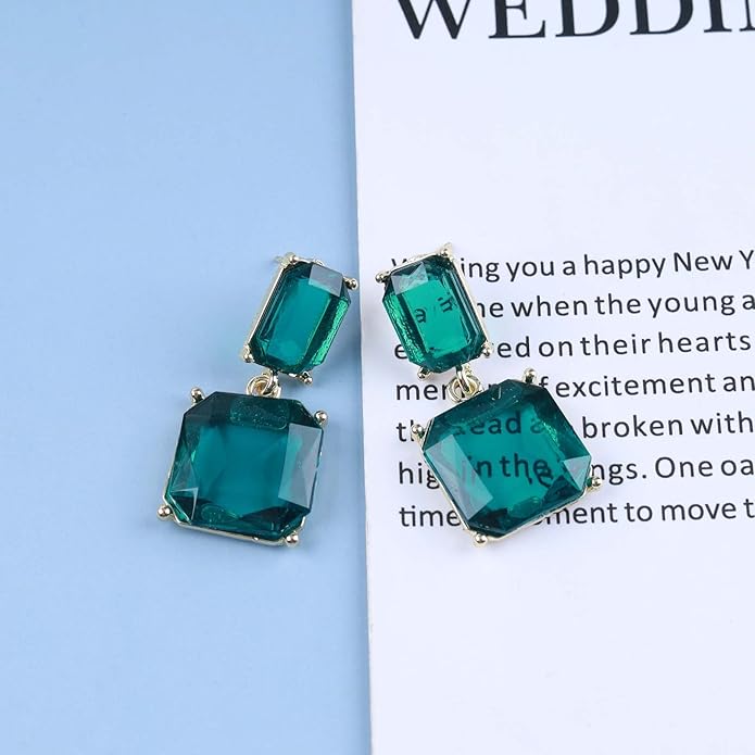 Vintage Emerald Square Earrings Green Emerald Drop Earrings Geometric Emerald Earrings Luxury Wedding Green Crystal Stud Earrings Jewelry for Women-Velvo Beauty