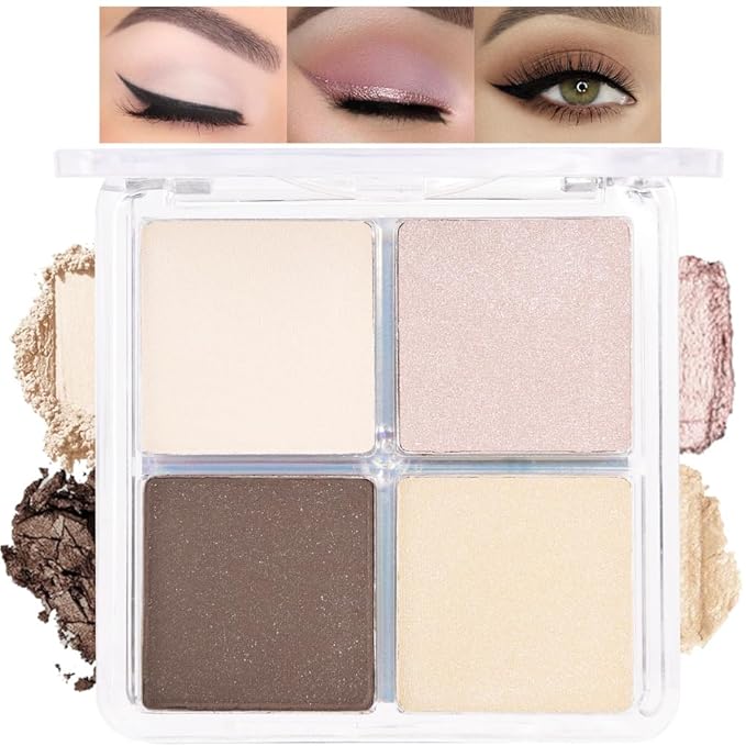 4 Colors Beige Nude Brown Pink Yellow Eye Shadow Powder Palette Makeup, Neutral Travel Matte Shimmer Creme QuadsEyeshadow Palette for Women Highly Pigmented Waterproof, paleta de sombras de ojos 01-Velvo Beauty