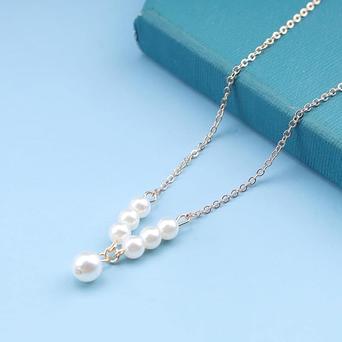 Vintage Pearl Pendant Necklace Gold Pearl Beads Necklace Freshwater Cultured Pearl Chain Necklace Pearl Bar Necklace Chain Jewelry for Women and Girls-Velvo Beauty