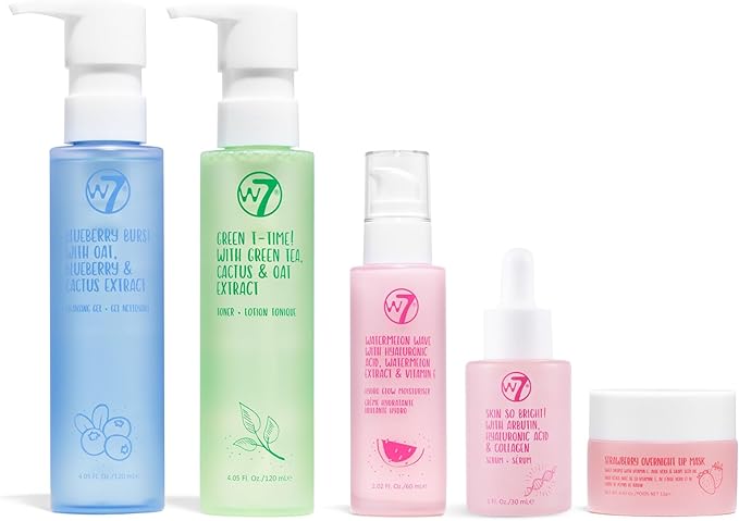 W7 Self-Care Skincare Set - 5 Step Daily Routine - Moisturizer, Serum, Toner, Cleanser & Lip Mask - Full Size Skin Care Kit for Natural, Beautiful Skin-Velvo Beauty