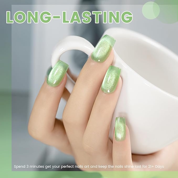 RARJSM Green Cat Eye Gel Nail Polish Set 6pcs Reflective Sparkly Diamond Glitter Nude Pink Blue Purple Clear Glass Cateye Gelpolish with Magnet Stick 7.5ml Curing Requires Soak Off for Home Salon-Velvo Beauty