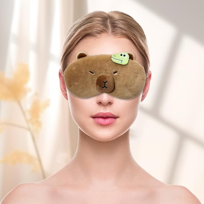 PERFECTSIGHT Cute Plush Eye Mask, Lightweight Adjustable Eyeshade, Faux Fur Cover for Women Men Sleep Travel Nap (Capybara)-Velvo Beauty