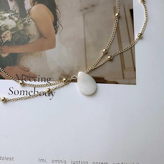 Layered Teardrop Pendant Necklace Teardrop Natural Stone Necklace Teardrop Gemstone Necklace Chain White Teardrop Necklace Choker Gold Satellite Chain Necklace Jewelry for Women and Girls-Velvo Beauty