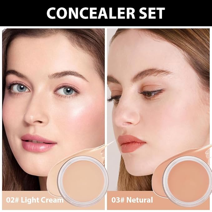 Kaely 2Pcs Pot Concealer Full Coverage Set,under Eye Brightener Concealer for Conceals Dark Circles,Waterproof Foundation Face Makeup Brush Kit,Color Correcting Concealer,02+03-Velvo Beauty