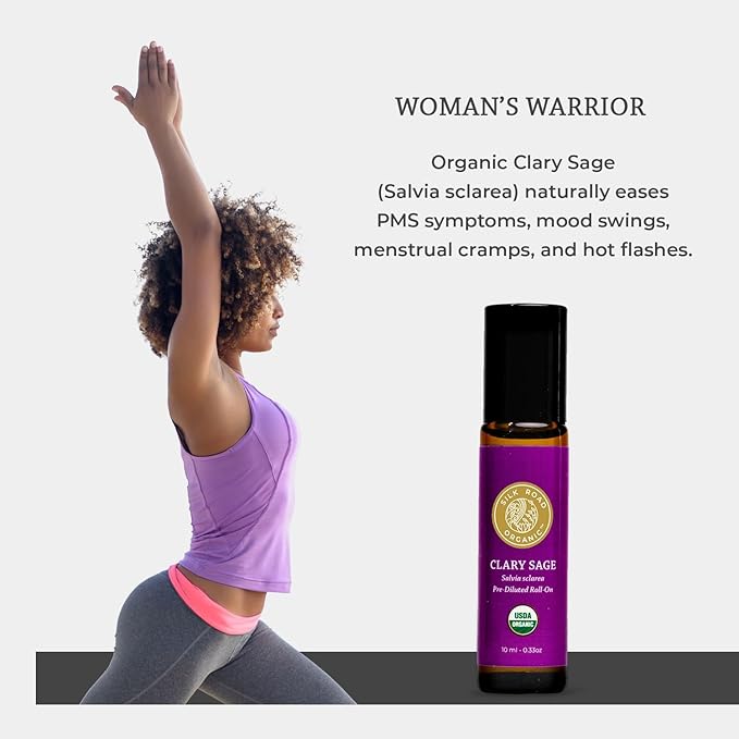 Silk Road Organic Clary Sage Essential Oil Roll On, 100% Pure USDA Certified Aromatherapy for PMS, Stress & Mental Clarity - 10 ml Roller - Always Pure, Always Organic-Velvo Beauty