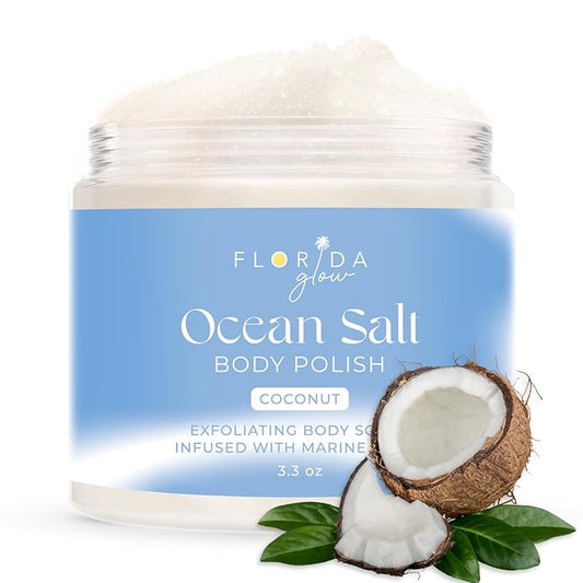 Sea Salt Body Scrub by Florida Suncare - Ocean Salt Body Polish Infused with Marine Algae - Exfoliating Face and Body Scrub - Facial Scrub Exfoliator to Tackle Acne (Coconut, 3.3 oz)-Velvo Beauty