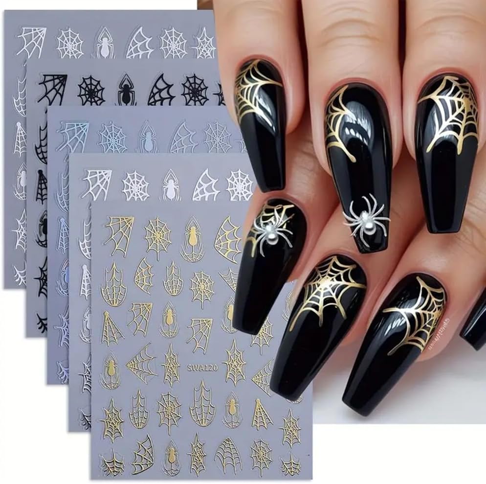 5 Sheets Halloween Spider Web Nail Stickers for Nail Art 3D Self-Adhesive Spider Web Nail Art Stickers White Black Silver Laser Gold Spider Nail Decals Holiday Nail Design Supplies for Women-Velvo Beauty