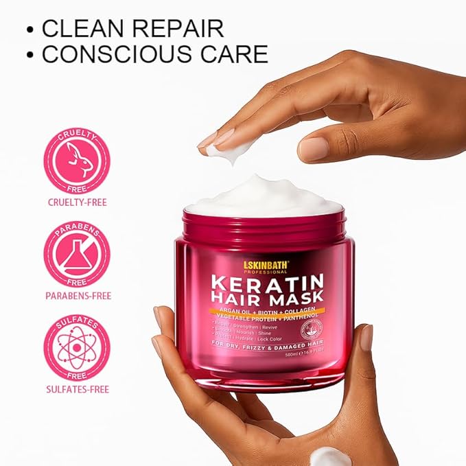 Keratin & Collagen Repair Hair Mask for Damaged Hair | Deep Conditioner Revives Dry, Frizzy, Bleached & Color-Treated Hair | With Argan Oil & Biotin | Treatment for Split Ends | 500ml-Velvo Beauty