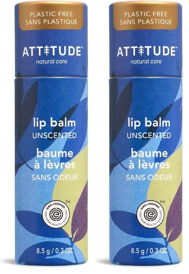 ATTITUDE Plastic-free Lip Balm, EWG Verified Plant- and Mineral-Based Ingredients, Vegan and Cruelty-free Personal Care Products, Unscented, 0.3 Oz (Pack of 2)-Velvo Beauty