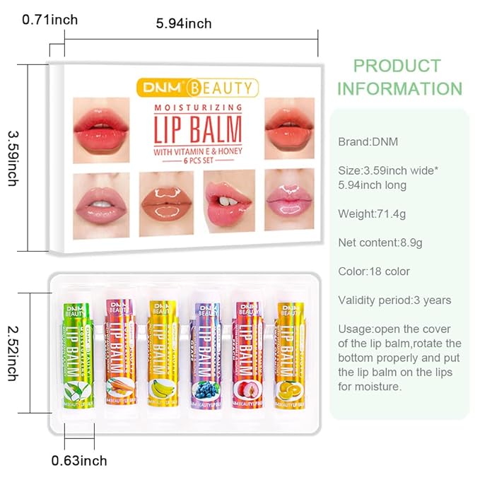 evpct 6Pcs Classic Fruit Flavour Flavored Lip Balm Set for Lip Care Chafed Chapped Cracked Lips, Natural Vitamin E & Honey Green Tea Carrot Banana Grape Peach Orange Moisturizing Mens Kids Lip Balm 3-Velvo Beauty