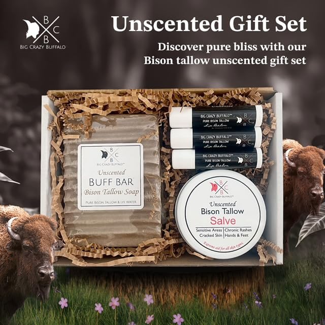 Pure Bison Tallow Unscented Gift Set - Buff Bar, Salve, & 3 Unscented Lip Balms - Cleans, Moisturizes, Soothes, Naturally Derived - No Dyes, Chemicals, Fragrances, or Preservatives-Velvo Beauty