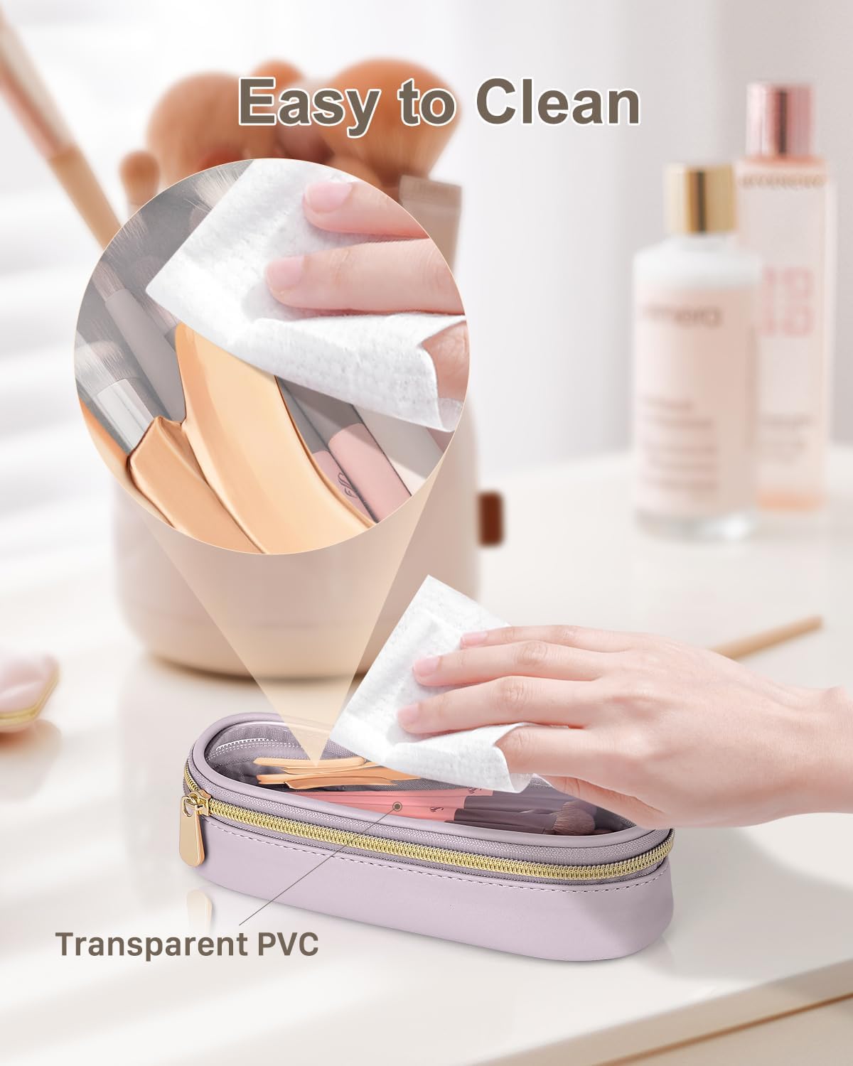 Clear Travel Makeup Brush Holder, Leather Makeup Brush Toiletry Bag, Portable Cosmetic Brush Case, Transparent Waterproof Makeup Brush Storage Bag, Purple-Velvo Beauty