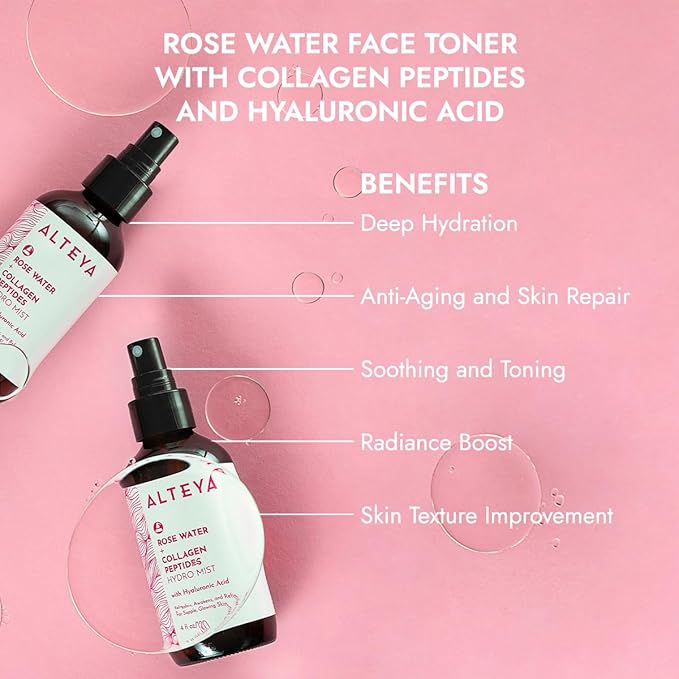 Alteya Organics Rose Water Face Toner – With Collagen Peptides & Hyaluronic Acid – Hydrating Facial Mist for Anti-Aging, Firming & Radiant Skin – 4 Fl Oz / 120mL-Velvo Beauty