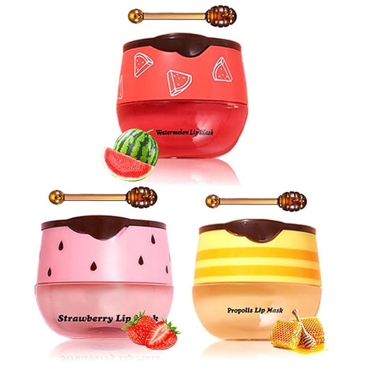 3Pcs Lip Balm Honey Pot, Lip Mask Overnight Lip Balm Hydrating Prevention Dry and Crack Lip Scrubs Exfoliator Lip Wrinkle Care, Beeswax with Vitamin E (3Pcs Honey&Strawberry&Watermelon)-Velvo Beauty