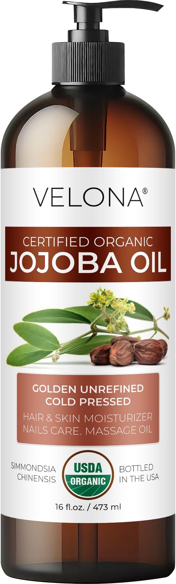velona Jojoba Oil USDA Certified Organic - 16 fl oz (With Pump) | 100% Pure and Natural | Golden, Unrefined, Cold Pressed, Hexane Free | Moisturizing Face, Hair, Body, Skin Care-Velvo Beauty