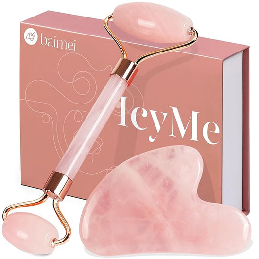 BAIMEI IcyMe Jade Roller & Gua Sha, Face Roller Redness Reducing Skin Care Tools, Self Care Pink Gift for Men Women, Massager for Face, Eyes, Neck, Relieve Fine Lines and Wrinkles - Rose Quartz-Velvo Beauty