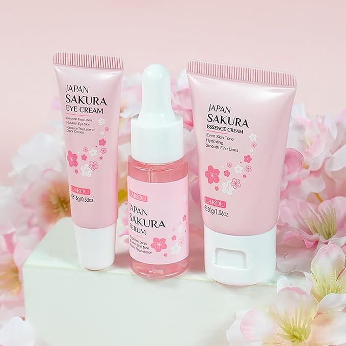 Skin Care Set JAPAN SAKURA Women Beauty Gift Sets Skin Care Kit with Serum, Eye Cream, Face Cream Travel Kit for Women Wife Mom Teen Girls TSA-friendly Sizes Birthday Gift 3pcs-Velvo Beauty