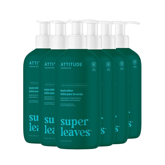 ATTITUDE Body Lotion, EWG Verified, Vegan & Cruelty-Free, Hydrating Moisturizer for Dry Skin, Non-Greasy, Extra Gentle Skin Care, Unscented, 16 Fl Oz (Pack of 6)-Velvo Beauty